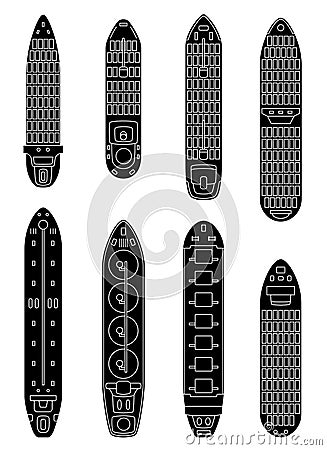 Set of commercial cargo ships. Sea transportation vehicle. Transport boat. Vector Illustration