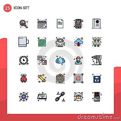 Set of 25 Commercial Filled line Flat Colors pack for travel, read, file, online, book Vector Illustration