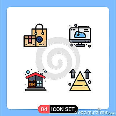 Set of 4 Commercial Filledline Flat Colors pack for bag, software, shopping, computer, building Vector Illustration