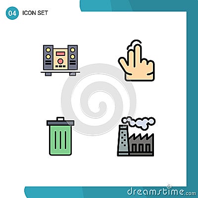 Set of 4 Commercial Filledline Flat Colors pack for woofer, been, music, hand, garbage Vector Illustration