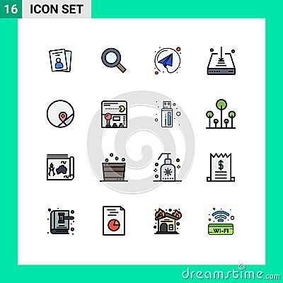 Set of 16 Commercial Flat Color Filled Lines pack for location, basic, email, save, down Vector Illustration