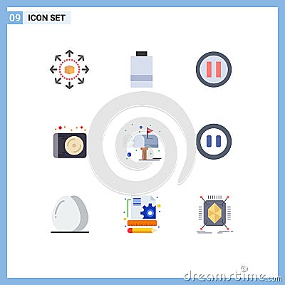 Set of 9 Commercial Flat Colors pack for post, letter, music, box, music Vector Illustration