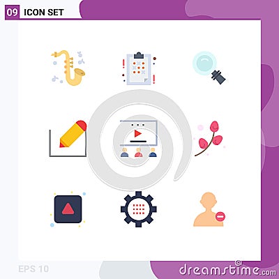 Pack of 9 Modern Flat Colors Signs and Symbols for Web Print Media such as video advertising, online advertisement, look, school, Vector Illustration