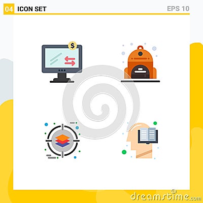 Set of 4 Commercial Flat Icons pack for online, management, shopping, back bag, book Vector Illustration