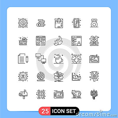 Set of 25 Commercial Lines pack for dumbbell, map, box, location, time Vector Illustration