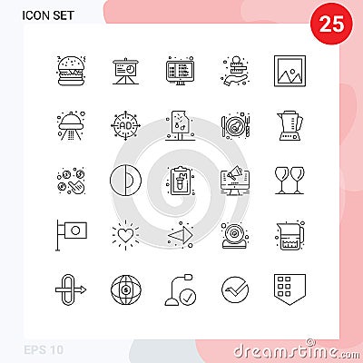 Set of 25 Commercial Lines pack for furniture, decor, coding, asset, money Vector Illustration