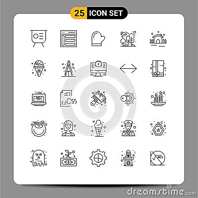 Set of 25 Commercial Lines pack for nature, city, sidebar, oven, gloves Vector Illustration