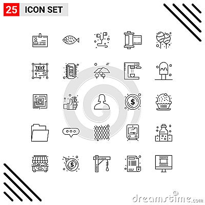 Set of 25 Commercial Lines pack for photo, camera, food, smartphone, headset Vector Illustration