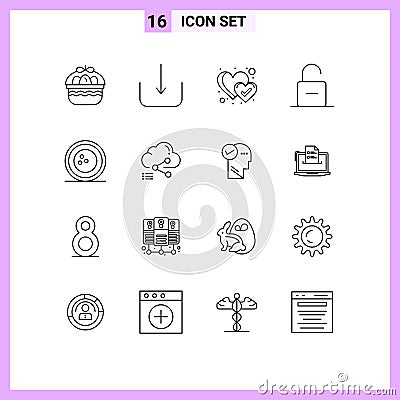 Set of 16 Commercial Outlines pack for bowling, awards, heart, unlock, safety Vector Illustration