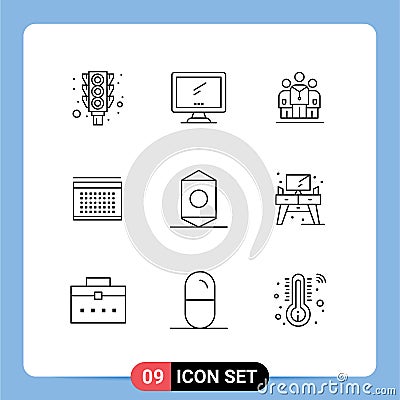 Set of 9 Commercial Outlines pack for candy, date, pc, vecation, hospital Vector Illustration