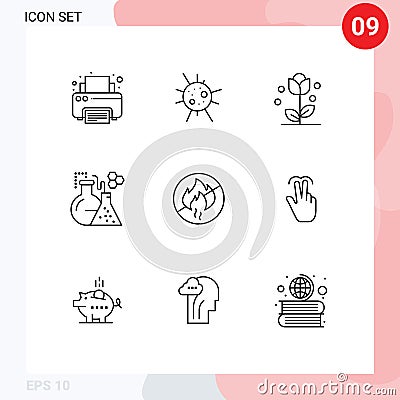 Set of 9 Commercial Outlines pack for no, tube, floral, test, flask Vector Illustration