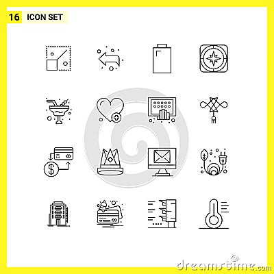 Set of 16 Commercial Outlines pack for wine, champaign, electric, travel, direction Vector Illustration