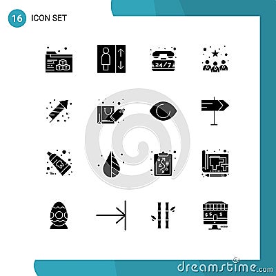 Set of 16 Commercial Solid Glyphs pack for bag, fireworks, time, festivity, best team Vector Illustration