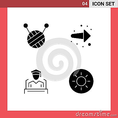 Set of 4 Commercial Solid Glyphs pack for ball of wool, brightness, forward, education, Layer 1 Vector Illustration