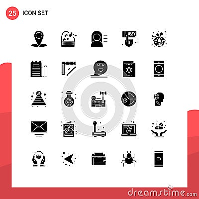 Set of 25 Commercial Solid Glyphs pack for checkout, thankful, miss, thank, hand Vector Illustration