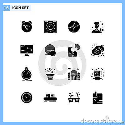 Set of 16 Commercial Solid Glyphs pack for connection, portrait, gentleman, photo, image Vector Illustration