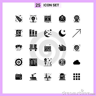 Set of 25 Commercial Solid Glyphs pack for discount, mail, drawing, mail, warning Vector Illustration