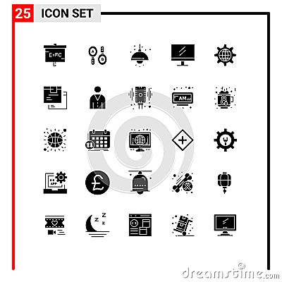 Set of 25 Commercial Solid Glyphs pack for globe, school, computing, education, light Vector Illustration