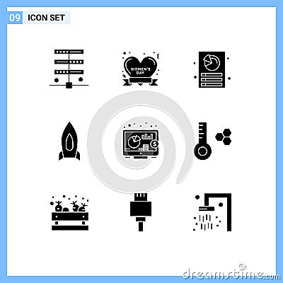 Set of 9 Commercial Solid Glyphs pack for investment, startup, analysis, speedup, rocket Vector Illustration