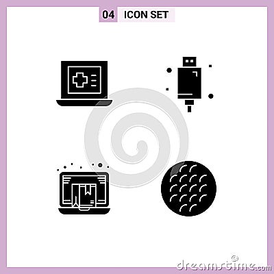 Set of 4 Commercial Solid Glyphs pack for laptop, drop shipper, cable, electronic, commerce Vector Illustration