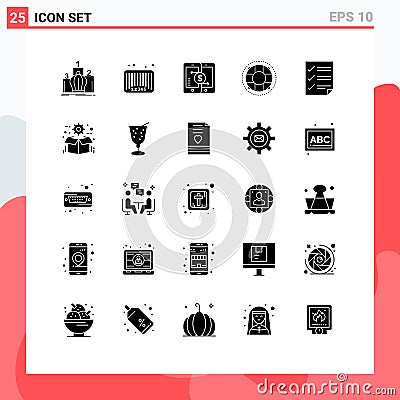 Set of 25 Commercial Solid Glyphs pack for lifebuoy, help, barcode, smartphone, payments Vector Illustration