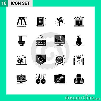 Set of 16 Commercial Solid Glyphs pack for ramen, food, windmill, chinese, media Vector Illustration