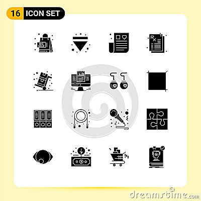 Set of 16 Commercial Solid Glyphs pack for sales, cyber monday, drug, prescription, medicine Vector Illustration