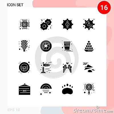 Set of 16 Commercial Solid Glyphs pack for stop, signal, help, light, content storage Vector Illustration