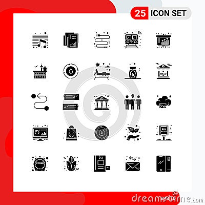 Set of 25 Commercial Solid Glyphs pack for train, public, data, internet, data Vector Illustration