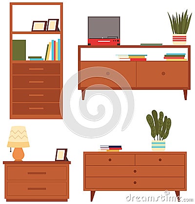 Set of commode illustrations on theme of storage furniture. Chests of drawers vector illustration Vector Illustration