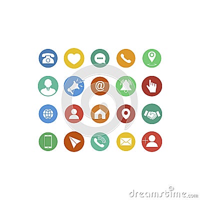 Set of communication icons flat. Phone, mobile phone, retro phone, location, mail and web site symbols on isolated background for Vector Illustration