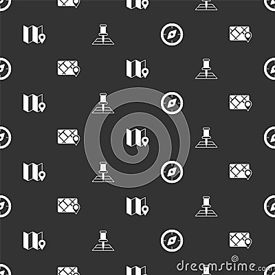 Set Compass, Gps device with map, Folded location marker and on seamless pattern. Vector Stock Photo
