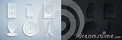 Set Compass, Passport with biometric data, Map pointer mountain, Eiffel tower, Suitcase for travel and Smartphone Stock Photo