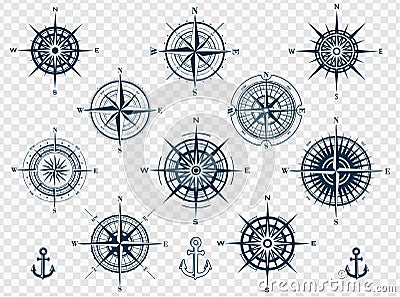 Set of compass roses or wind roses Vector Illustration