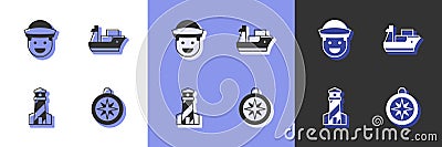 Set Compass, Sailor, Lighthouse and Cargo ship icon. Vector Vector Illustration