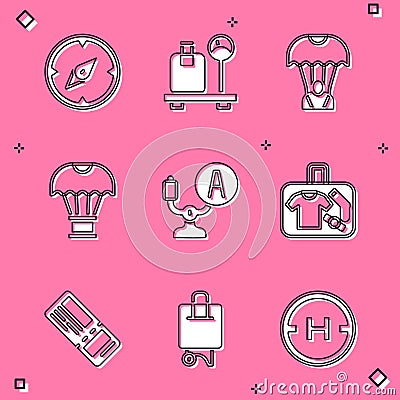 Set Compass, Scale with suitcase, Parachute, Box flying on parachute, Aircraft steering helm, Suitcase, Airline ticket Vector Illustration