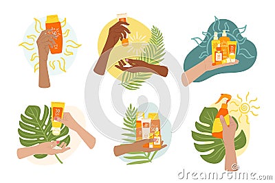 Set of composition of female hands hold sunscreen lotion, cream, spray with sun, palm, monstera leaf and abstract shape. SPF Vector Illustration
