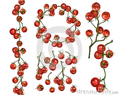 A set of compositions from farm cherries on a twig. Round frame, seamless border of tomatoes. Digital illustration on a white Cartoon Illustration