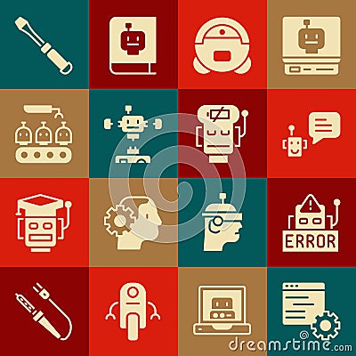 Set Computer api interface, Error robot, Bot, Robot vacuum cleaner, Disassembled, Industrial production of robots Vector Illustration