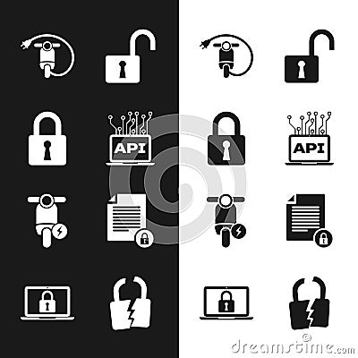 Set Computer api interface, Lock, Electric scooter, Open padlock, and Document and icon. Vector Vector Illustration