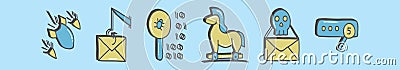 Set of computer attacks element cartoon icon design template with various models. vector illustration isolated on blue background Vector Illustration