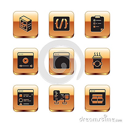 Set Computer, Browser files, monitor screen, window, Online play video, Clipboard with checklist, MySQL code and Vector Illustration