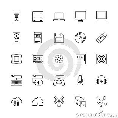 Set of Computer Components Line Icons. System Unit, Console, Server and more. Vector Illustration