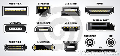 Various usb plug connector mini micro lightning type Vector Illustration