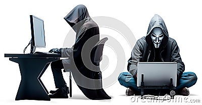 Set of Computer Hackers in black clothes sitting with laptop, on transparent background, internet hacking concept Cartoon Illustration