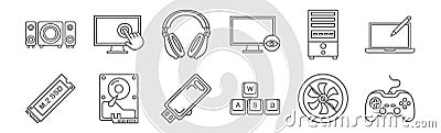 set of 12 computer interface icons. outline thin line icons such as joystick, keyboard, harddisk, computer case, headphone, Vector Illustration