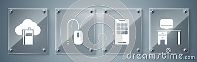 Set Computer monitor and desk, Mobile phone, Computer mouse and Cloud or online library. Square glass panels. Vector Vector Illustration