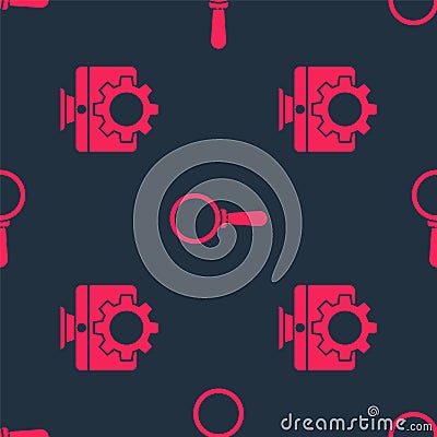Set Computer monitor and gear and Magnifying glass on seamless pattern. Vector Vector Illustration