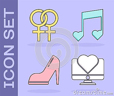 Set Computer monitor with heart, Female gender symbol, Woman shoe with high heel and Music note, tone with hearts icon Vector Illustration