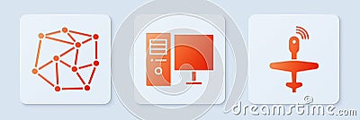 Set Computer monitor, Neural network and UAV Drone. White square button. Vector Vector Illustration